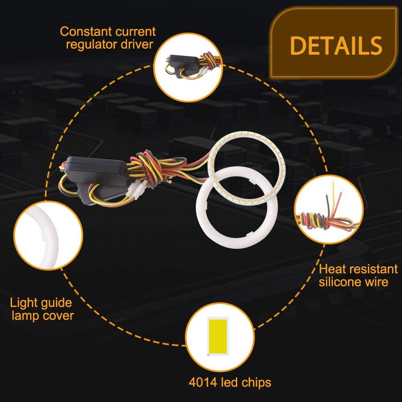 Qasim 1-Pair 70MM White+Amber Switchback 84SMD 4014 LED Car Angel Eyes Halo Ring DRL Fog Light Turn Signal Light Lamp 12V - Image 4